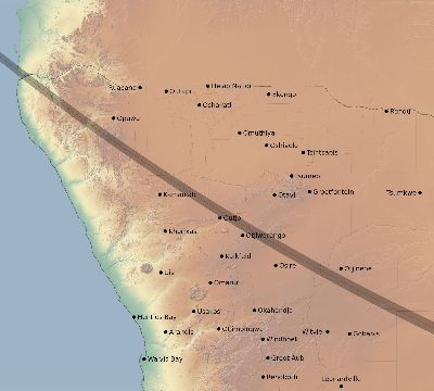 Map of the eclipse path across Namibia on 10/25/2823