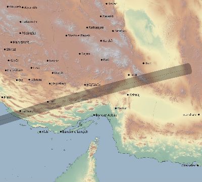 Map of the eclipse path across Iran on 02/17/2827