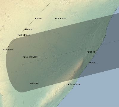 Map of the eclipse path across Somalia on 08/13/2827