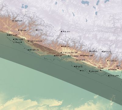 Map of the eclipse path across Nepal on 06/12/2830