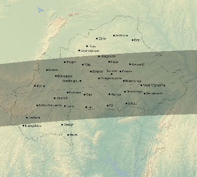 Map of the eclipse path across Burkina Faso on 03/31/2834