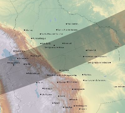 Map of the eclipse path across Bolivia on 03/31/2834