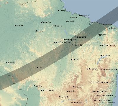 Map of the eclipse path across Brazil on 03/31/2834