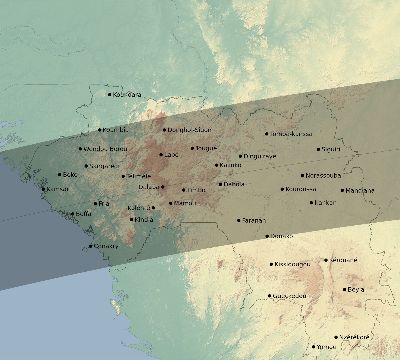 Map of the eclipse path across Guinea on 03/31/2834