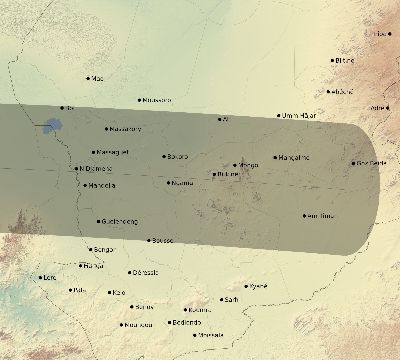 Map of the eclipse path across Chad on 03/31/2834