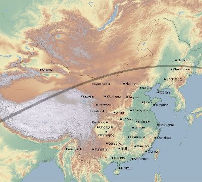 Map of the eclipse path across China on 07/12/2838