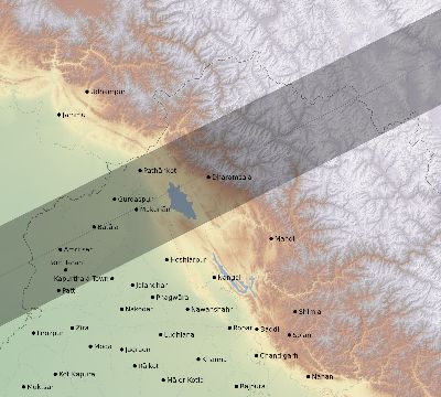 Map of the eclipse path across India on 07/12/2838
