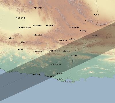 Map of the eclipse path across Iran on 07/12/2838