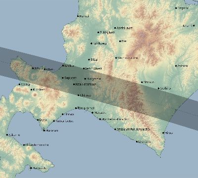 Map of the eclipse path across Japan on 07/12/2838