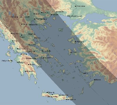 Map of the eclipse path across Greece on 11/15/2840