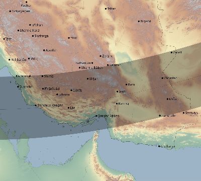 Map of the eclipse path across Iran on 11/15/2840