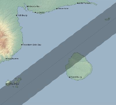 Map of the eclipse path across Guadeloupe on 02/27/2845