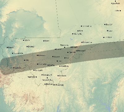 Map of the eclipse path across Mali on 08/24/2845