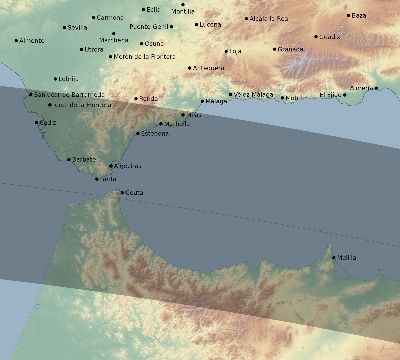 Map of the eclipse path across Spain on 06/22/2848