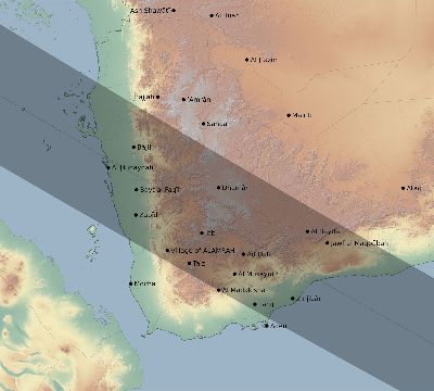 Map of the eclipse path across Yemen on 06/22/2848