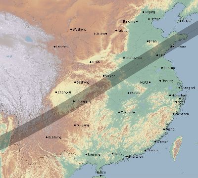 Map of the eclipse path across China on 02/08/2855