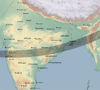 Map of the eclipse path across India on 02/08/2855