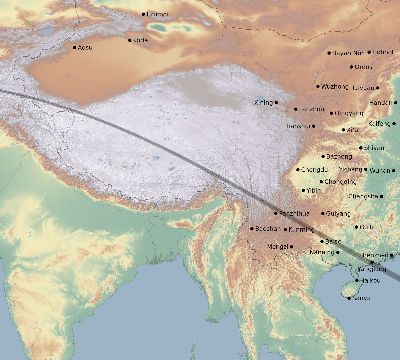 Map of the eclipse path across China on 07/23/2856