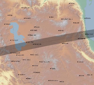 Map of the eclipse path across Iran on 07/23/2856
