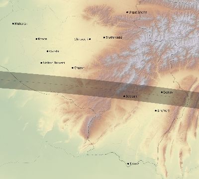 Map of the eclipse path across Uzbekistan on 07/23/2856