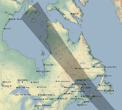 Map of the eclipse path across Canada on 11/26/2858