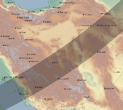Map of the eclipse path across Iran on 05/12/2860