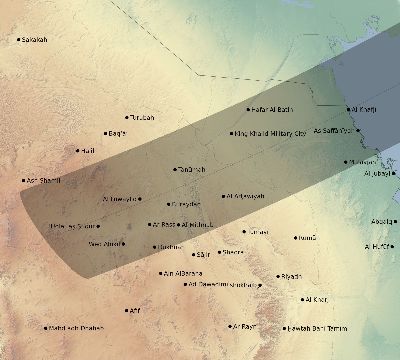 Map of the eclipse path across Saudi Arabia on 05/12/2860