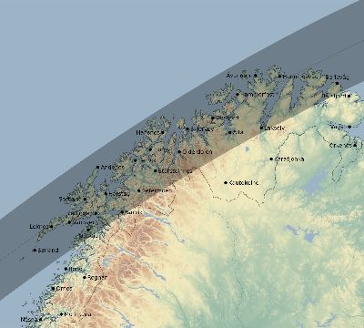 Map of the eclipse path across Norway on 02/28/2864