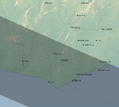 Map of the eclipse path across Ghana on 07/03/2866
