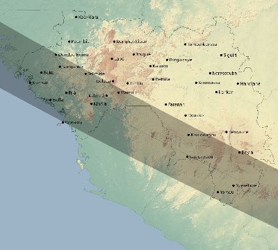 Map of the eclipse path across Guinea on 07/03/2866
