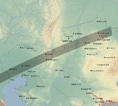 Map of the eclipse path across Kazakhstan on 02/18/2873