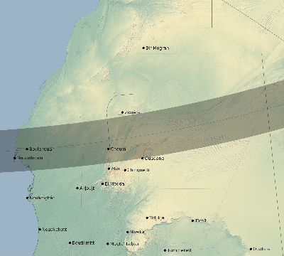 Map of the eclipse path across Mauritania on 02/18/2873
