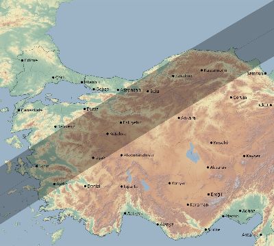 Map of the eclipse path across Turkey on 02/18/2873
