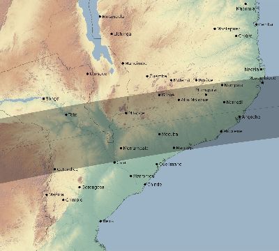 Map of the eclipse path across Mozambique on 08/14/2873