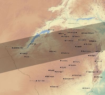 Map of the eclipse path across Zimbabwe on 08/14/2873