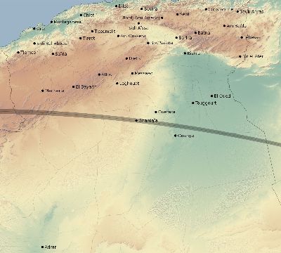 Map of the eclipse path across Algeria on 08/03/2874