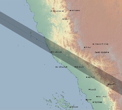 Map of the eclipse path across Saudi Arabia on 08/03/2874