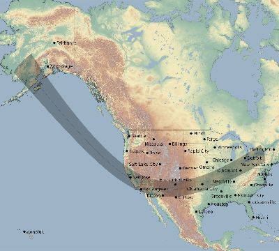 Map of the eclipse path across United States on 12/06/2876
