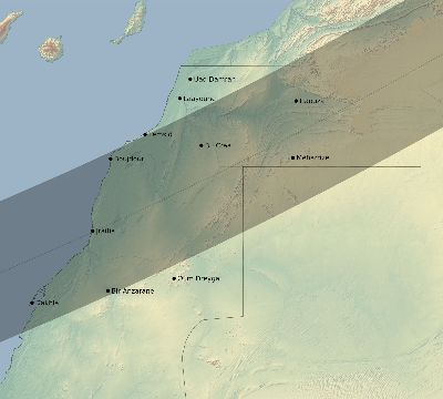 Map of the eclipse path across Western Sahara on 05/23/2878