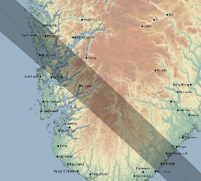Map of the eclipse path across Norway on 09/25/2880