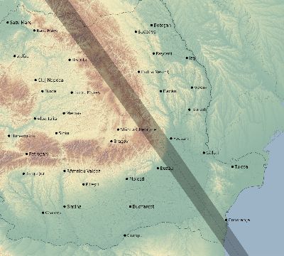 Map of the eclipse path across Romania on 09/25/2880