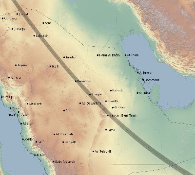 Map of the eclipse path across Saudi Arabia on 09/25/2880