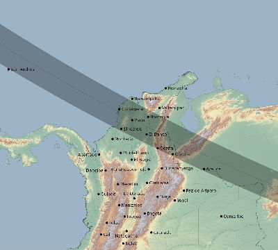 Map of the eclipse path across Colombia on 07/14/2884