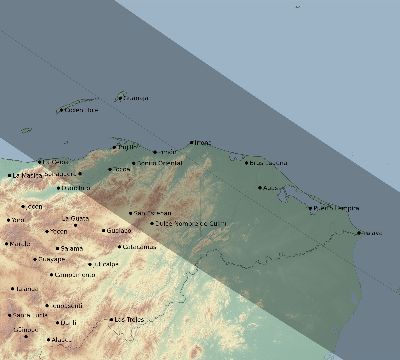 Map of the eclipse path across Honduras on 07/14/2884