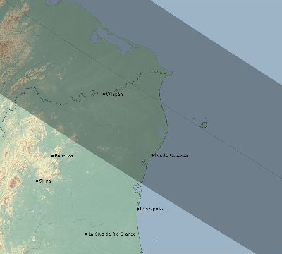 Map of the eclipse path across Nicaragua on 07/14/2884