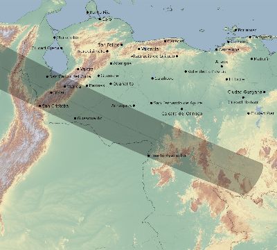 Map of the eclipse path across Venezuela on 07/14/2884