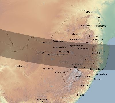Map of the eclipse path across South Africa on 01/07/2885