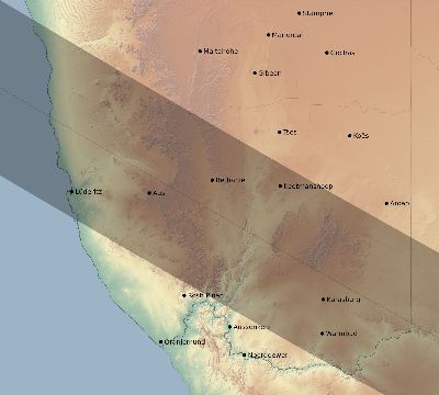 Map of the eclipse path across Namibia on 07/03/2885