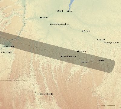 Map of the eclipse path across DR Congo on 08/13/2892