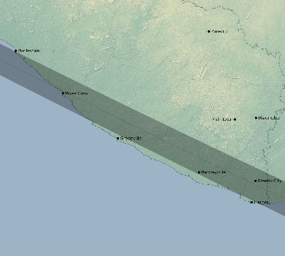 Map of the eclipse path across Liberia on 08/13/2892
